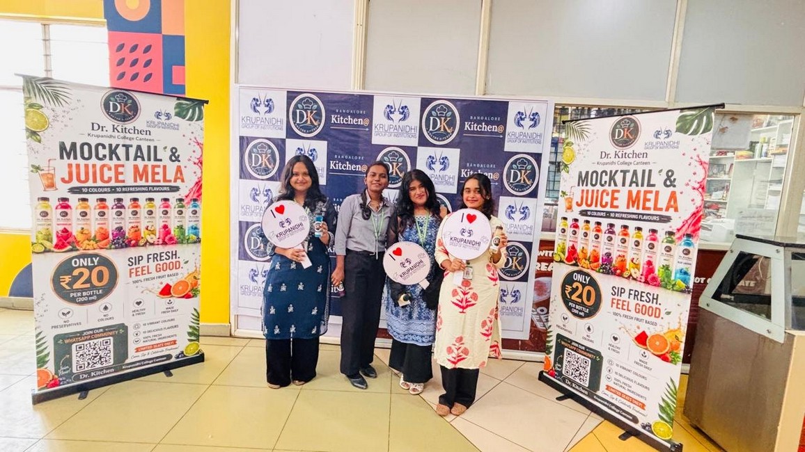 Students at the Mocktail & Juice Mela kiosk